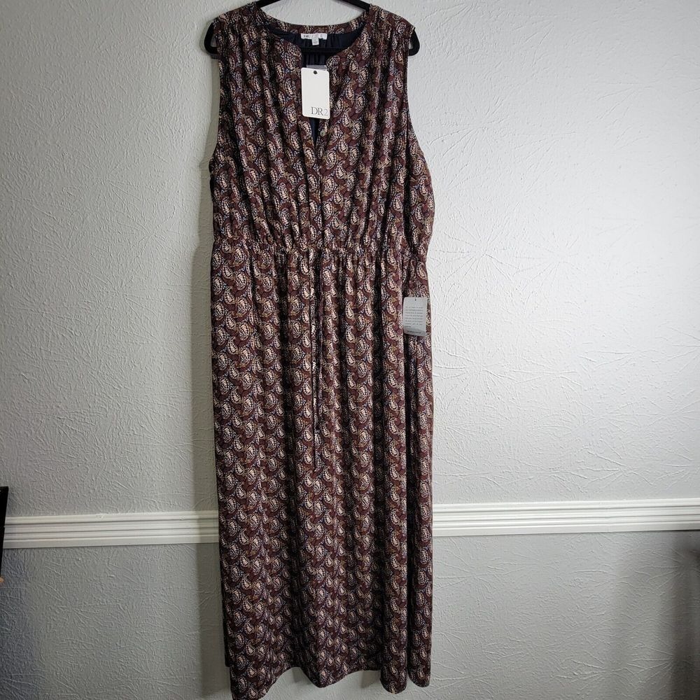 DR2‎ Maxi Dress 3X New Navy Paisley Sleeveless Lined Elastic Waist